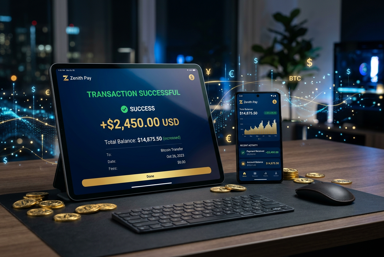 A digital representation of fast payouts and e-wallets on a tablet and phone.