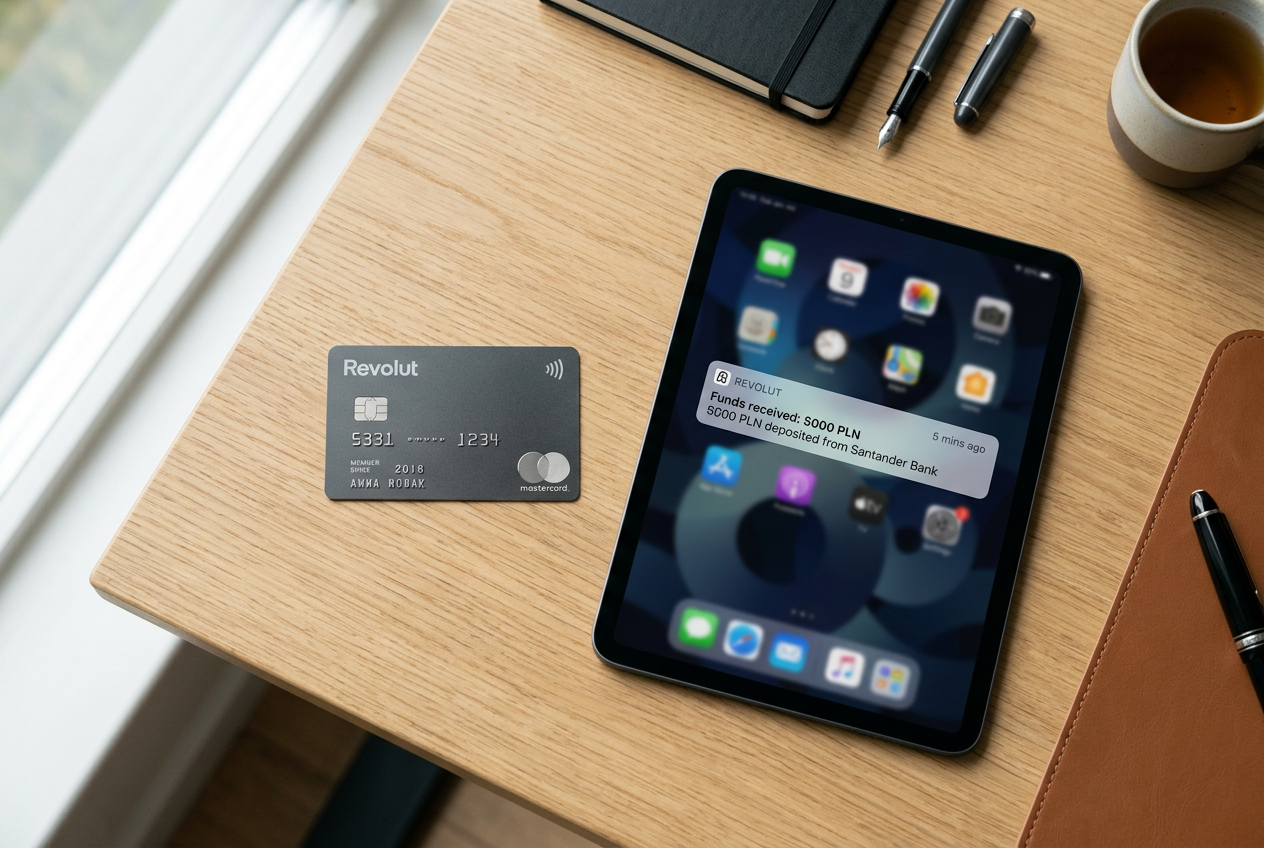 Karta Revolut leżąca obok tabletu z powiadomieniem o udanej wypłacie