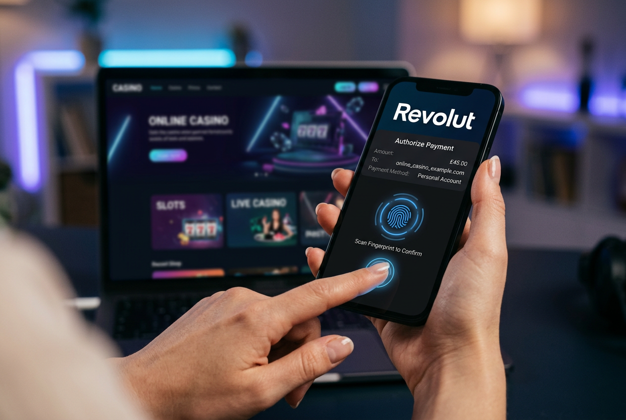 Osoba autoryzująca płatność w aplikacji Revolut na smartfonie
