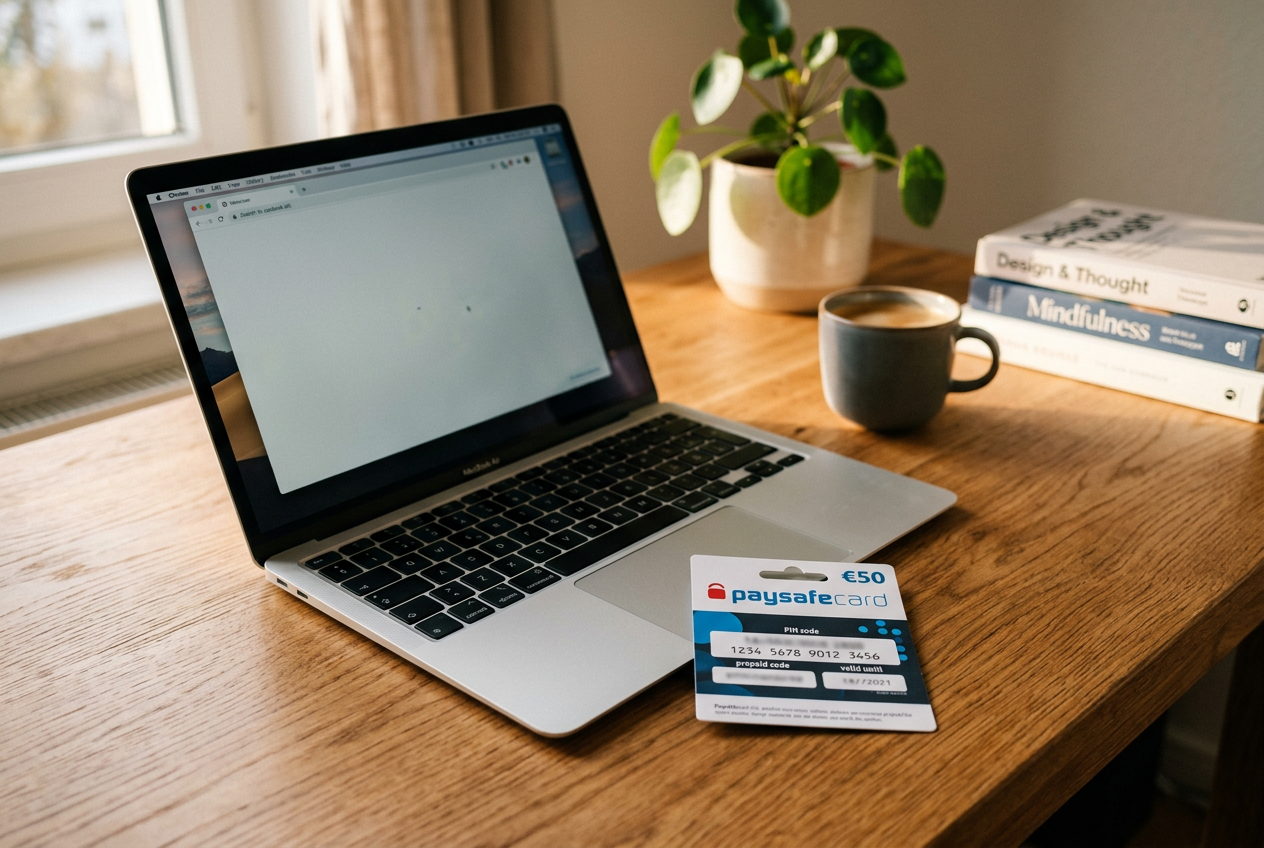 Clean workspace with financial tools and a prepaid card