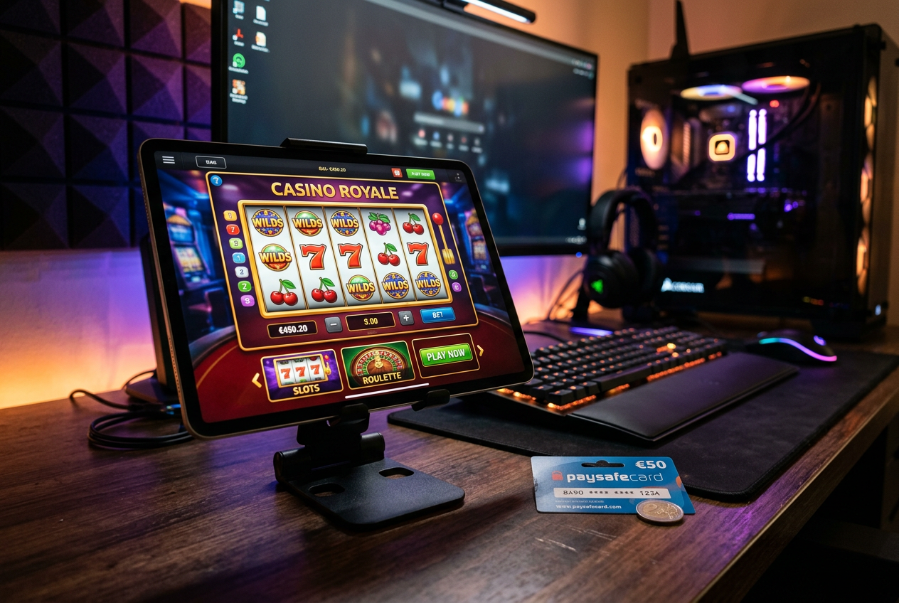 Top view of a gaming setup with a casino app and a Paysafecard voucher